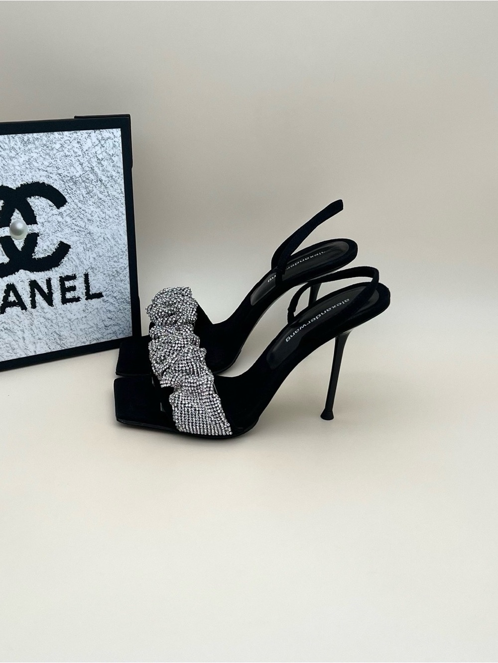 🚩steal Alexander Wang Black Slingback Heels with Crystal Bow Strap